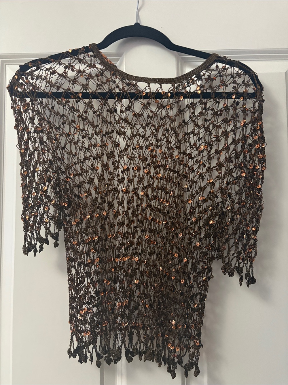 Open-Knit Sequin Crop Top in Bronze